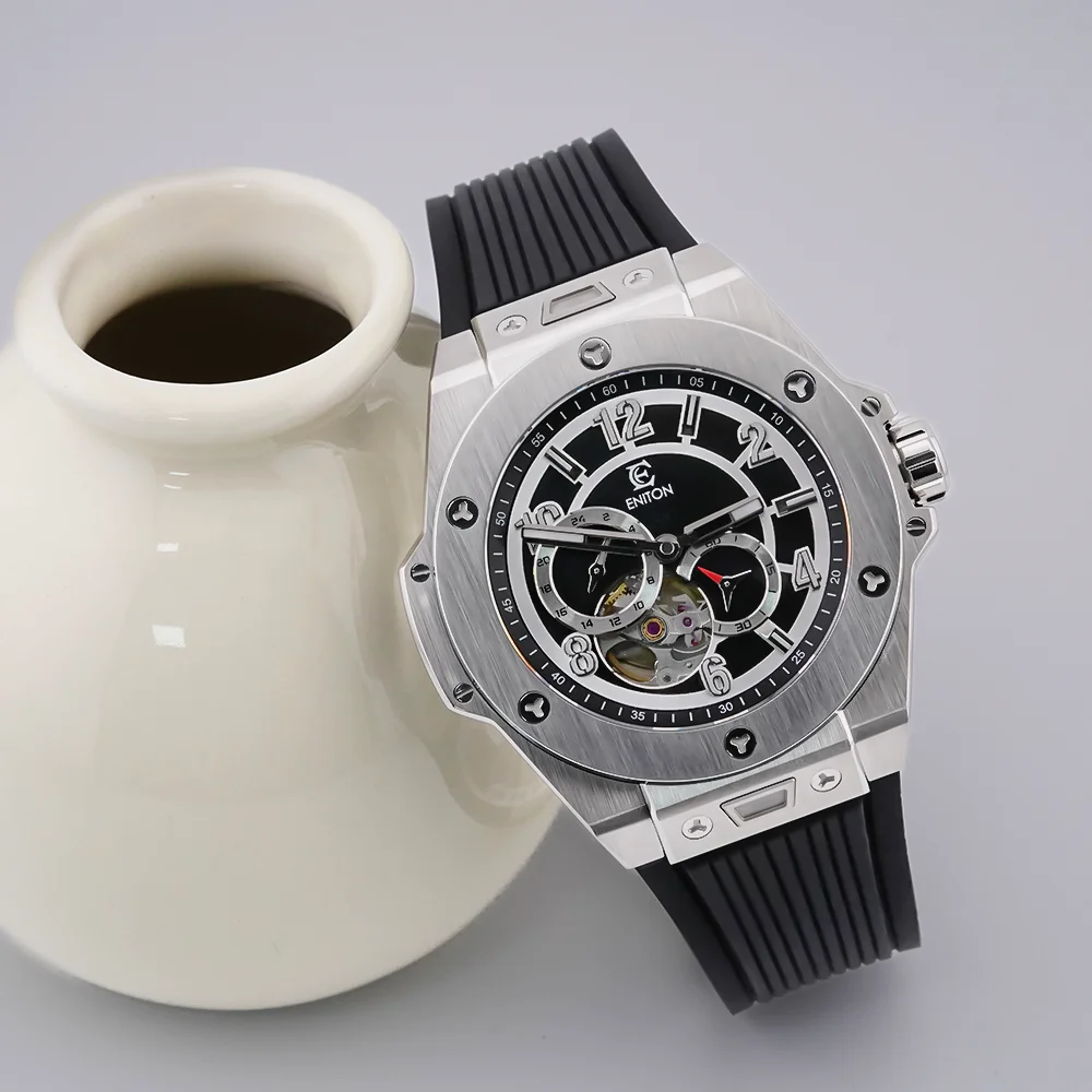 ساعة اليد الميكانيكية ENITON FKM Band 316L Steel 82S7 ساعة يد تعمل بالحركة اليابانية هيكل عظمي أوتوماتيكي ساعة مضيئة للرجال