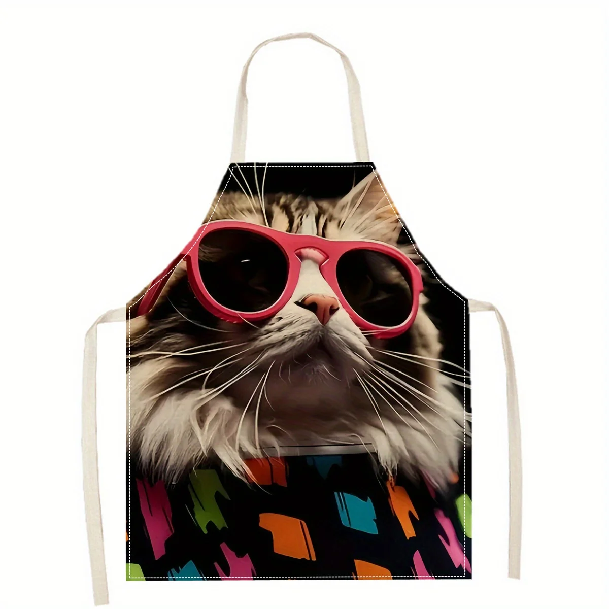 

Linen Apron Funny Cat Sunglasses Print Kitchen Cooking Baking Gardening Craft Art Painting Protective Wear Home Chef Gift Idea