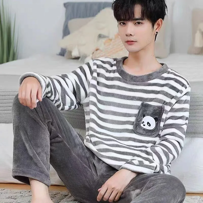 Winter-Flanell-Pyjama für Herren, koreanische Version des gestreiften, gepolsterten, langärmeligen Cartoon-Nachtwäsche, Homewear-Set, Nachtwäsche, Loungewear – Detail 12