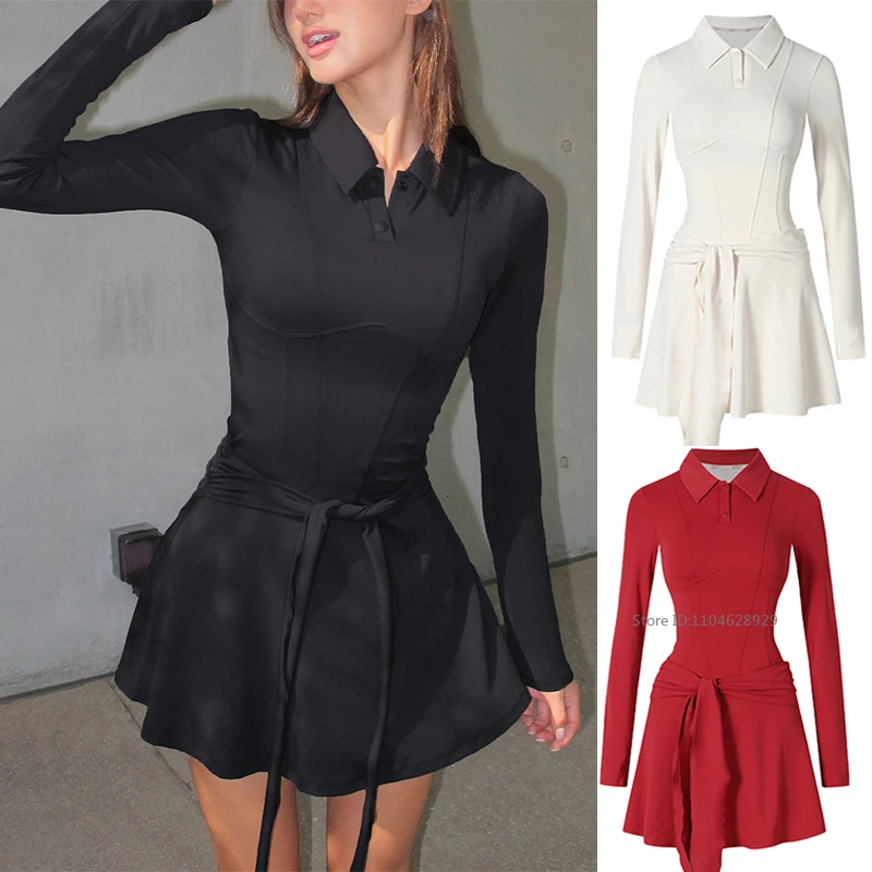Tennis Skirt for Women Golf Pleated Tennis Dresses Ladies Long Sleeve Lace Up Polo Dress Workout Fitness Running Sportswear