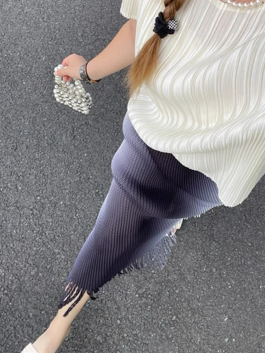 YUDX Miyake Falten 2025, Sommer Neue Fransen Rock Damen Hohe Taille Temperament Hohe Elastische Alle Spiel Farbverlauf Rock