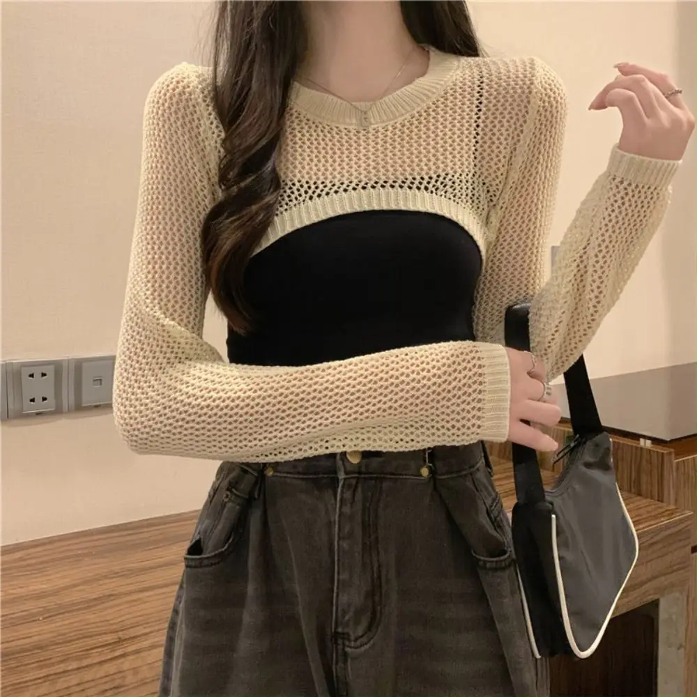 بلوزة نسائية محبوكة لتغطية ملابس الصيف الرقيقة الواقية من الشمس معطف قصير بأكمام مفرغة