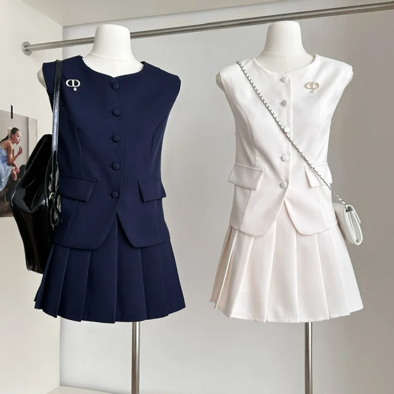

Women's Elegant Two Pieces Skirt Suit Lady Summer Solid O Neck Sleeveless Single Breasted Vest Top + Mini Pleated Skirt Sets
