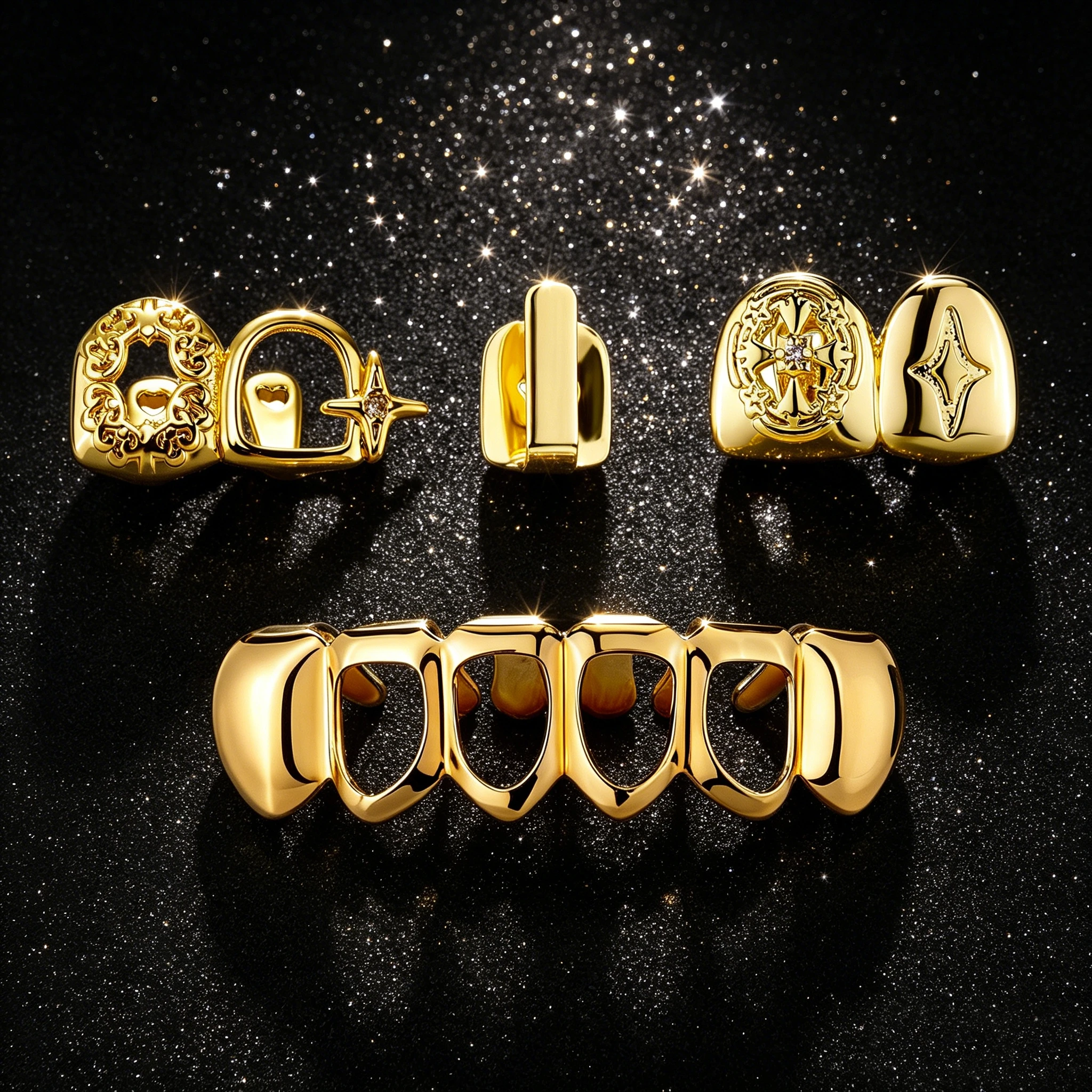TOPGRILLZ 4Pcs Removable Hip Hop Grillz Set Hollow Cross Star Top Bottom Hollow CZ Y2K Tooth Jewelry Men Women