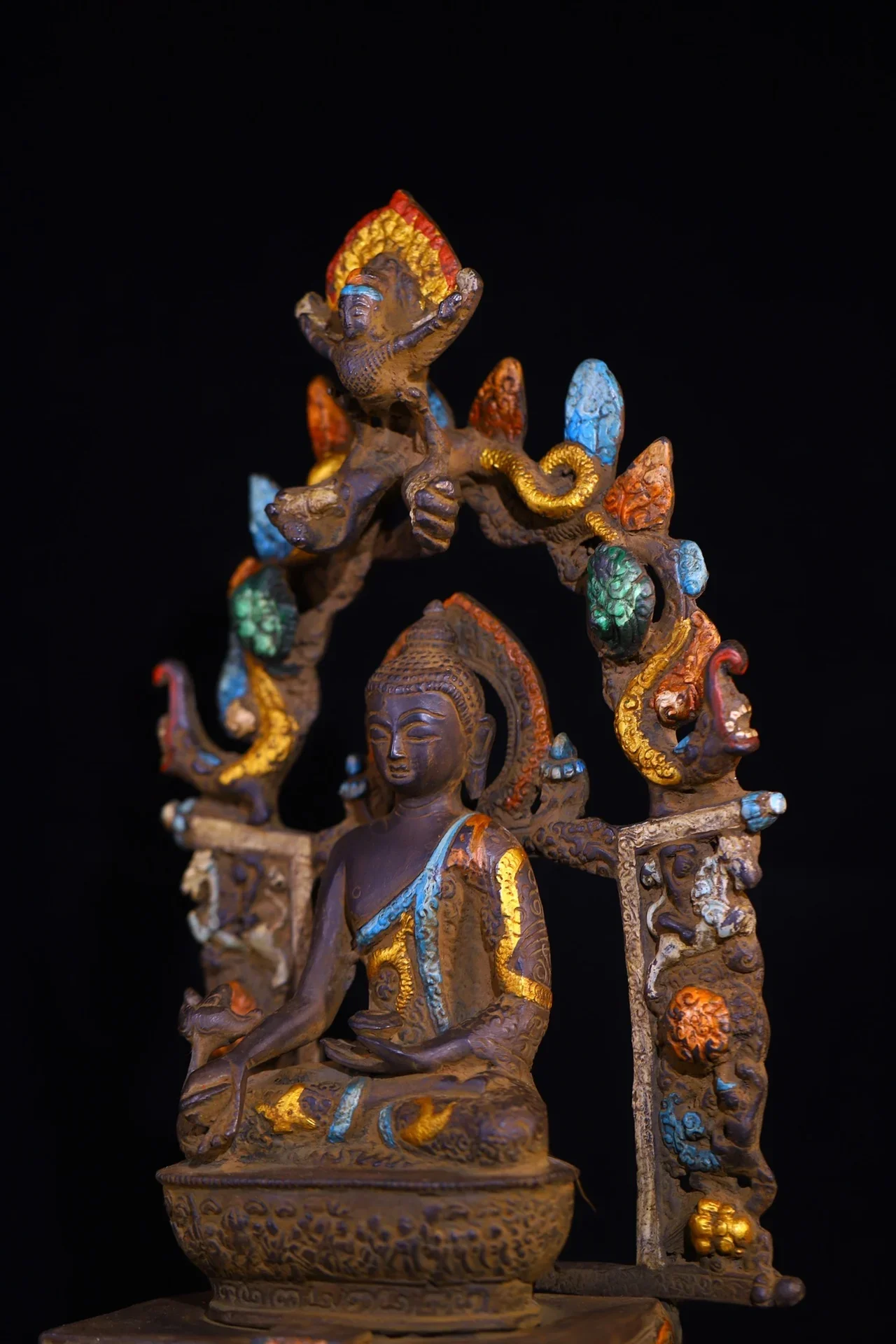

16"Tibetan Temple Collection Old Bronze Painted Cinnabar Medicine Buddha GARUDA texture Buddhist Niche Worship Hall Town house