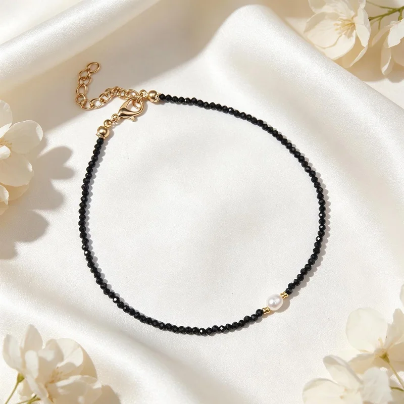 Dainty Black Spinal & Pearl Faceted Round Gemstone 2-3MM Beads Anklets 7-10''