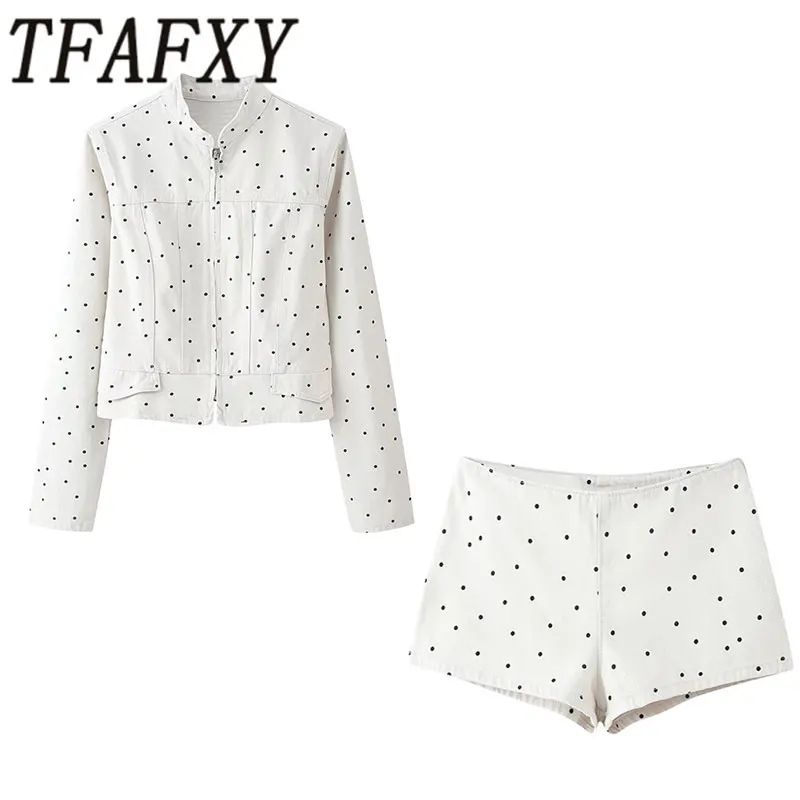 

TFAFXY 2026 Spring Casual Polka Dot Print Chic Women Jacket Zipper Long Sleeve Jacket Slim Pockets Shorts Fashion Sets