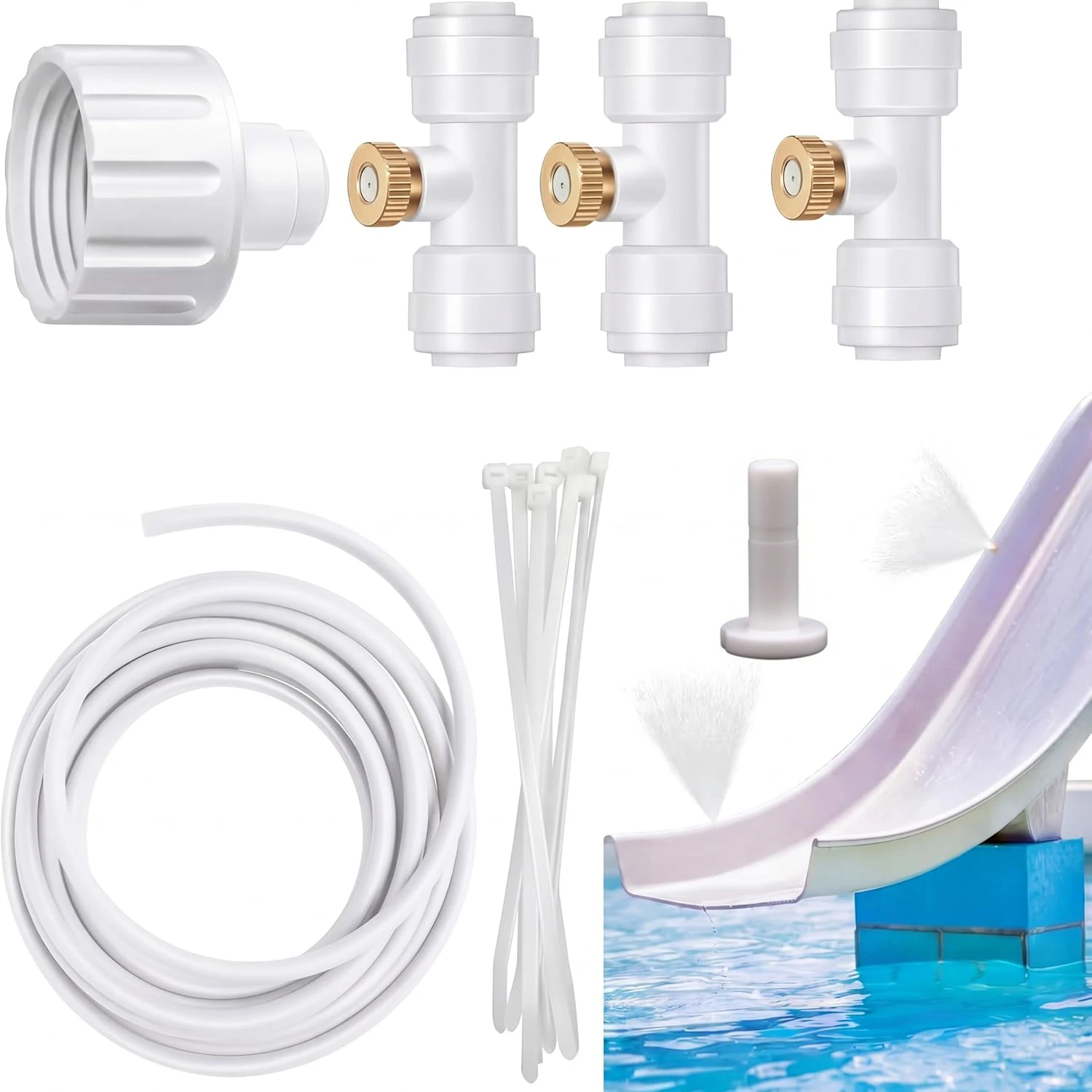 Pool Slide Water Tubing Kit 10m Water Lines for Above Ground Pool Slide, Water Slide Tube with 3 Brass Mist Nozzles, Fan Misting