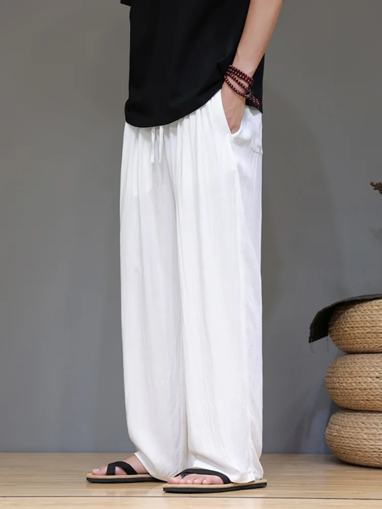 

Linen Men's Summer Thin Breathable Cotton Linen Pants Windproof Large Size Straight Leg Drapey Wide Leg Casual Trousers