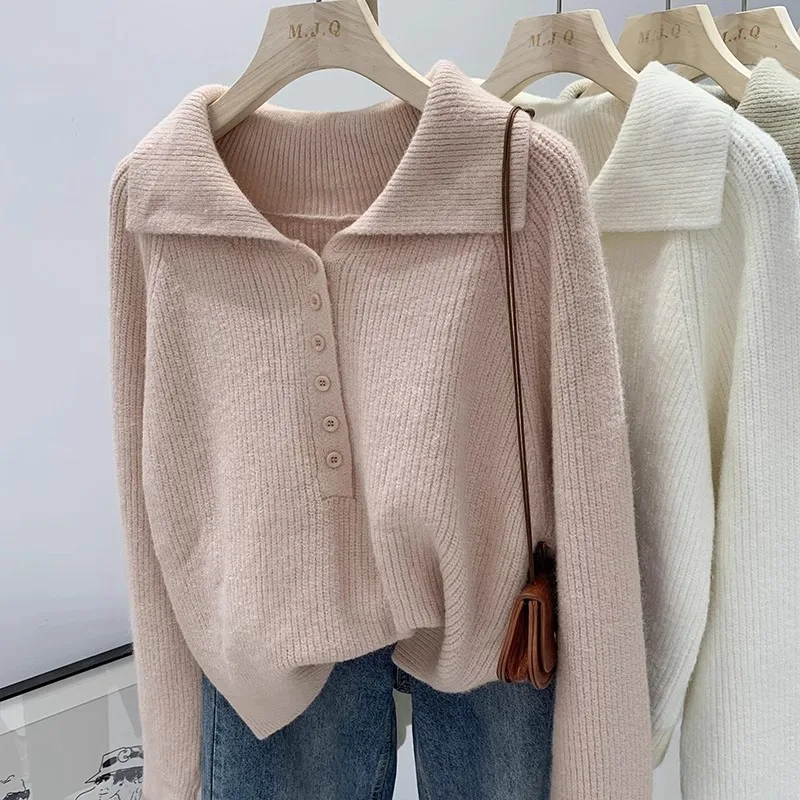 

Women 2025 Spring Autumn New Korean Lapel Sweater Tops Female Solid Color Loose Jumpers Ladies Long Sleeve Knitted Tops X733