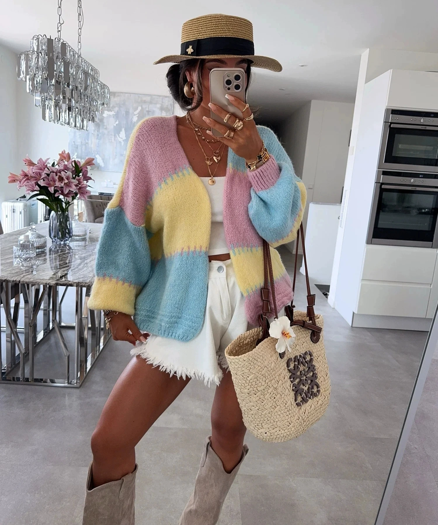 

New color checkered patchwork contrasting gold thread knitted cardigan casual elegant loose sweater jacket for women