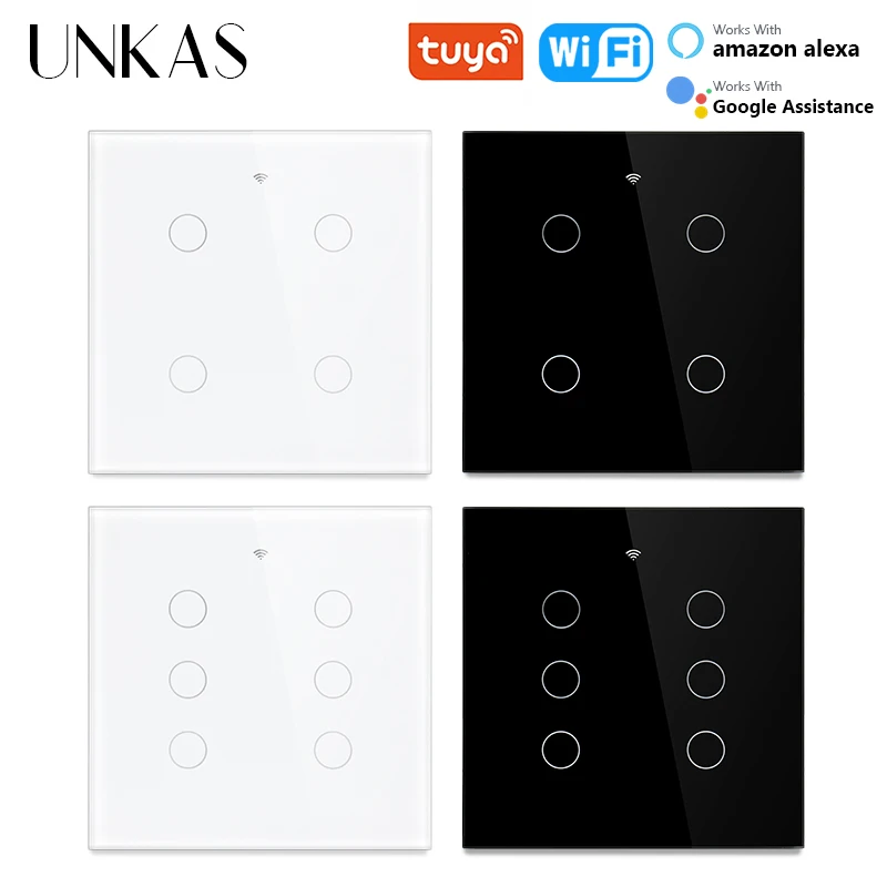 UNKAS Tuya Brazil 4x4 WiFi 4 / 6 Gang Wall Light Switch Touch-Sensor Smart Home Interruptor Work With Alexa Google Home