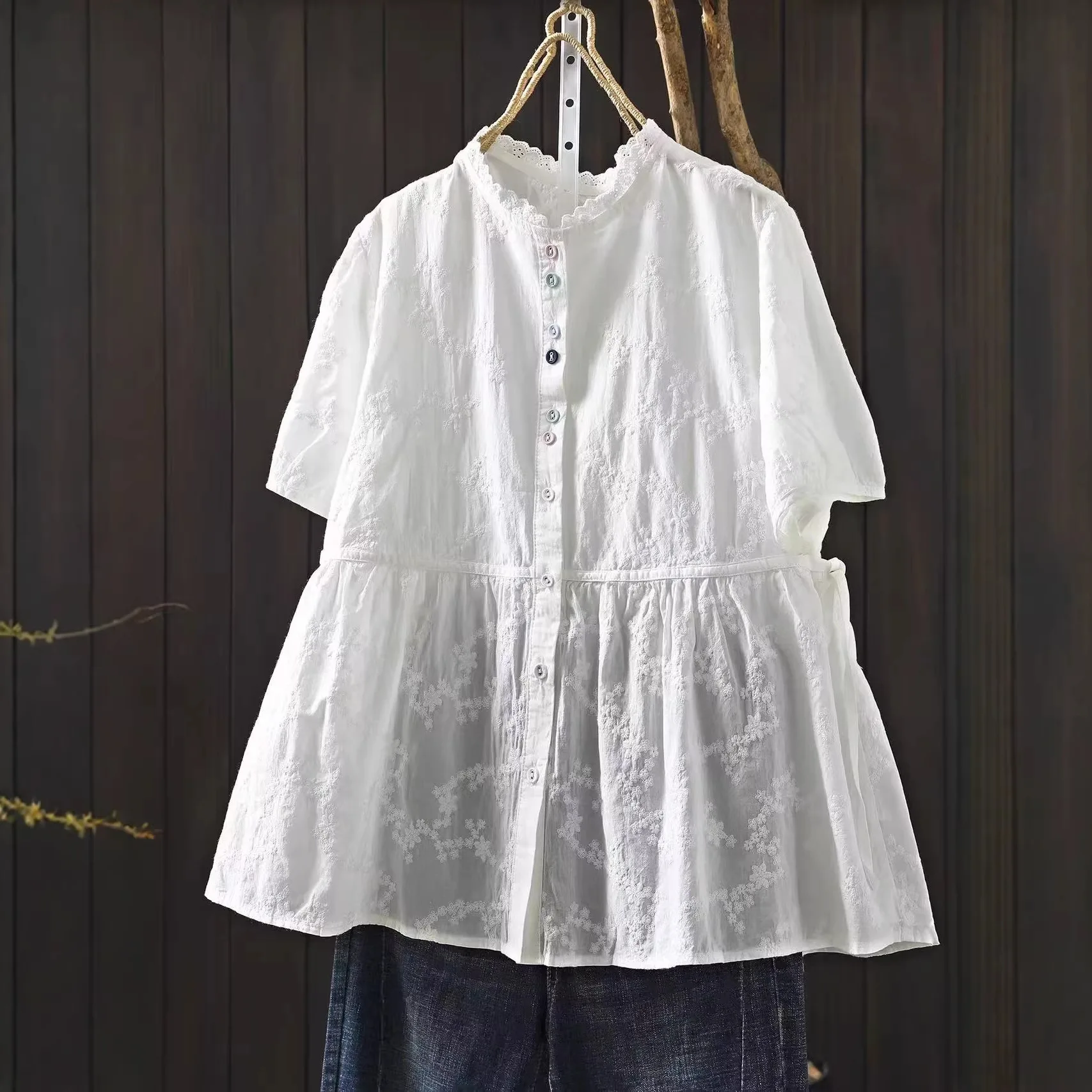 

Women Sweet Mori Girl Solid Color Jacquard Embroidery Cotton Shirts Summer French Style Stand Collar Short Sleeve Casual Blouse