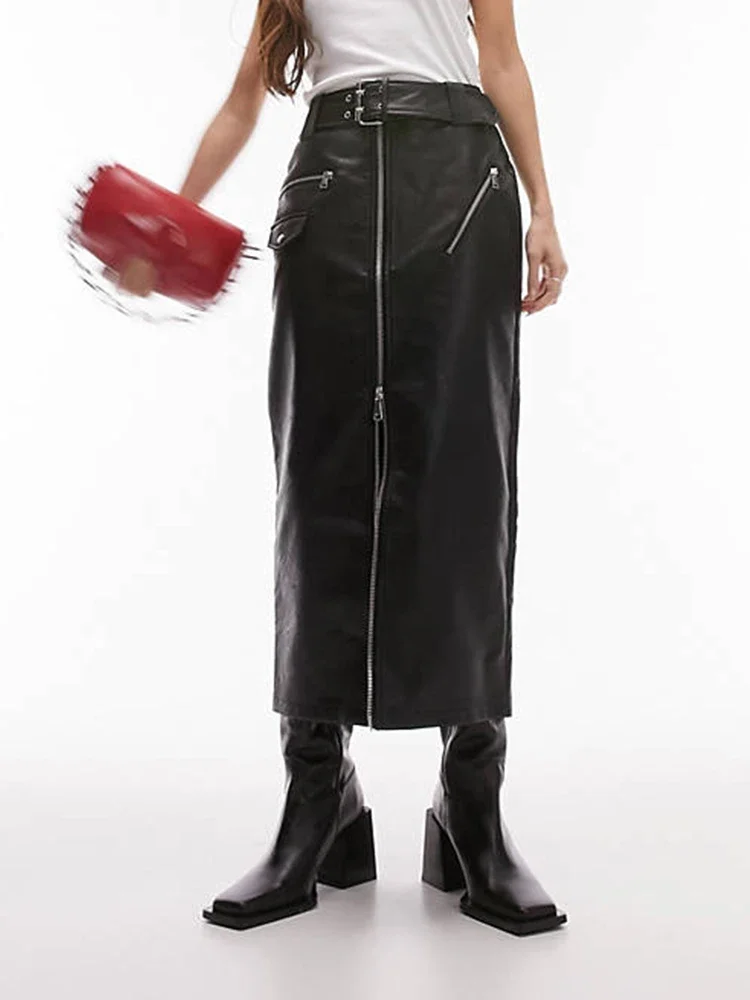 

Punk Matte Leather Midi Skirt Women High Waist Zip Split Pu Long Skirt Ladies Gothic skirt With Belt Streetwear Custom Clubwear