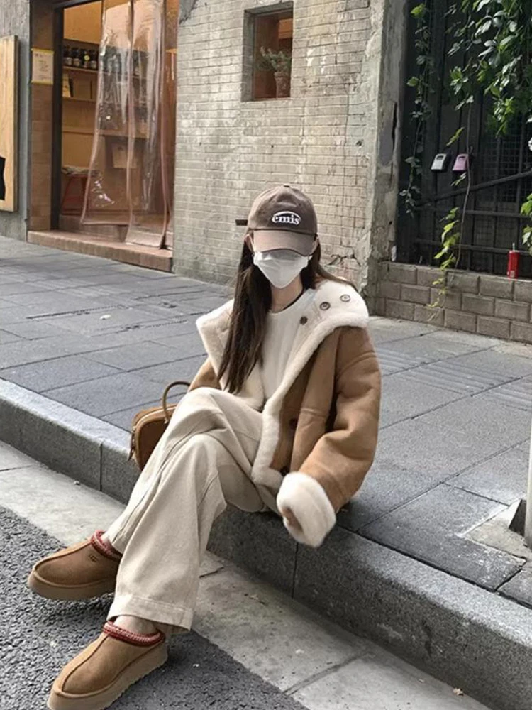 Einzigartiger Thiened Lamb Fur Ort Jaet Damen Herbst Winter Vintage Kleiner lockerer High Faion Motorrad Baumwollmantel