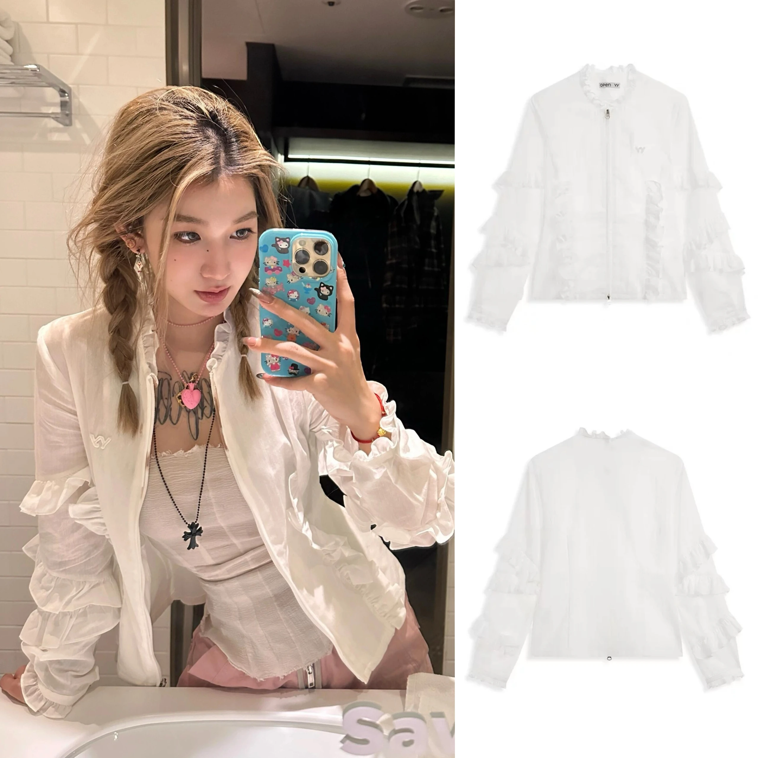 

White Double Zipper irt Openyy Lace Trim Flower Design Long Sve Women's Casual Cotton Blend Jaet Sle Top