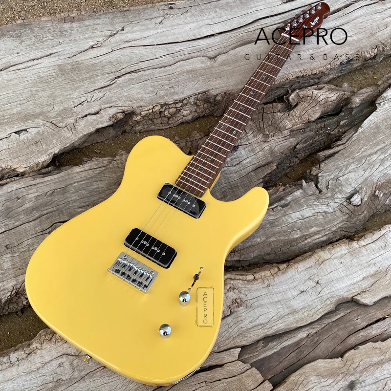 Acepro Cream Yellow Color Electric Guitar, P90 Pickups, Roasted Maple Neck, Stainless Steel Frets, Abalone Dots Inlays, Guitarra