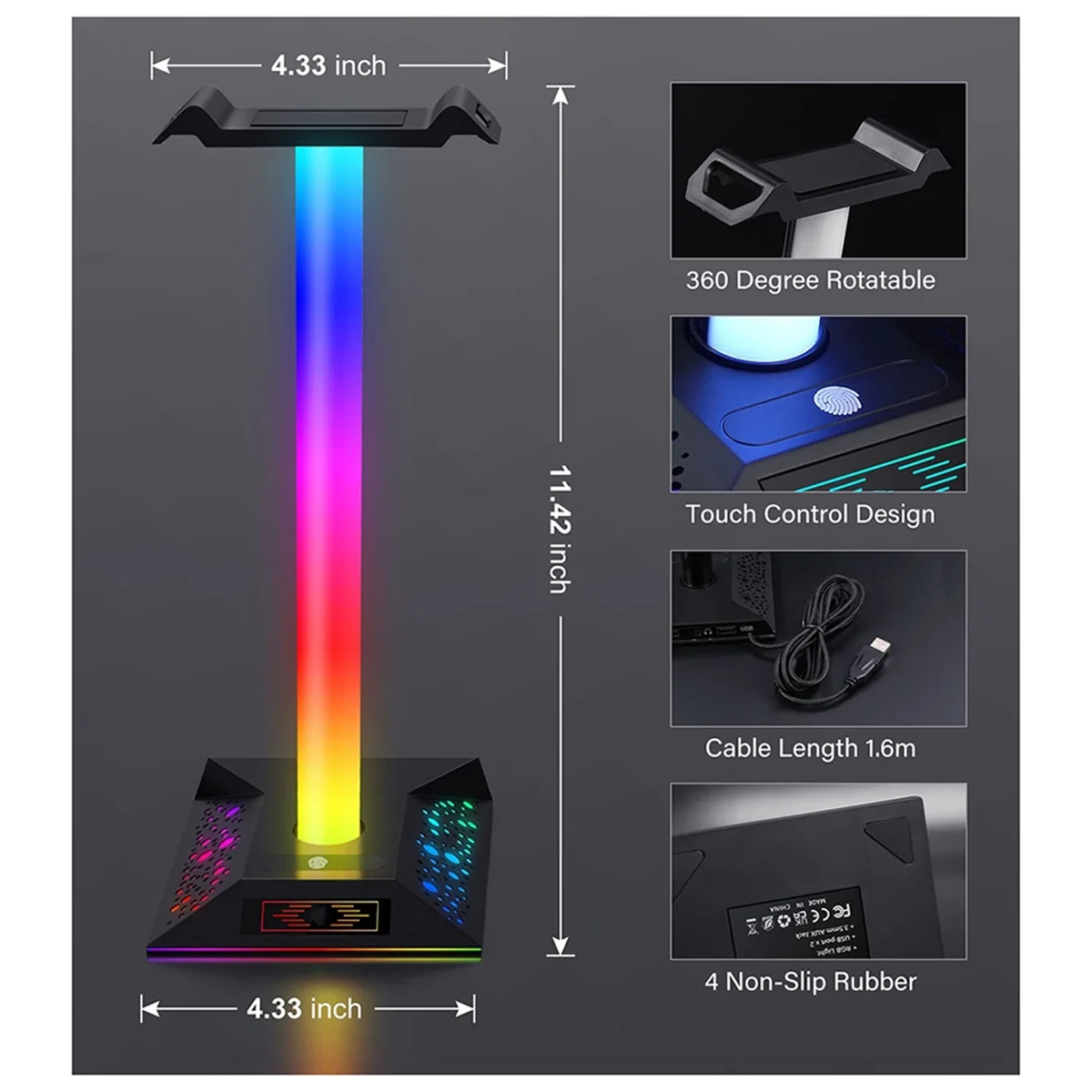 حامل سماعة رأس موثوق به لعبة RGB مع منافذ USB مزدوجة 3.5 ملم صوت تعمل باللمس حامل سماعة الرأس