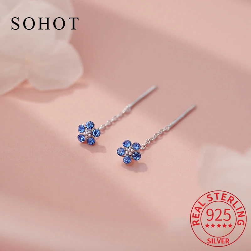 

Real 925 Sterling Silver Blue Ziron Flower Tassel Ear Line Stud Earrings for Women Elegant Fine Jewelry Bohemian Accessories