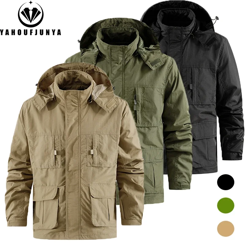 Men Autumn Cargo Outdoor Casual Detachable Hooded Jacket Men Utility Many Pocket Zipper Solid Color Windproof Jacket Male Coat