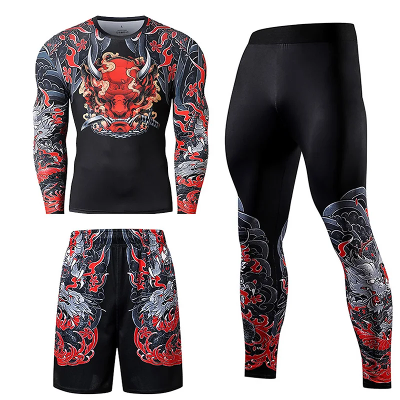 Men Tracksuit Compression Set Workout Sportswear Gym Clothing Fitness Long Sleeve Tight Top & Waist Leggings Sports 3 in 1  Suit