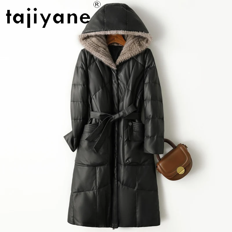 TAJIYANE 100% أعلى الحبوب جلد الغنم أوزة أسفل معطف امرأة جلد طبيعي سترة طويلة منفوخة مع قبعة فرو المنك 2025 الملابس الشتوية
