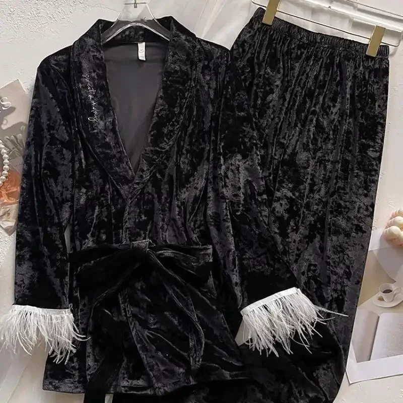 

Feather Sleeve Trim Top Pants Bride White Velour Pajamas Suit Pyjamas Femme Loungewear Nightwear Women Elegant 2Pcs Sleepwear