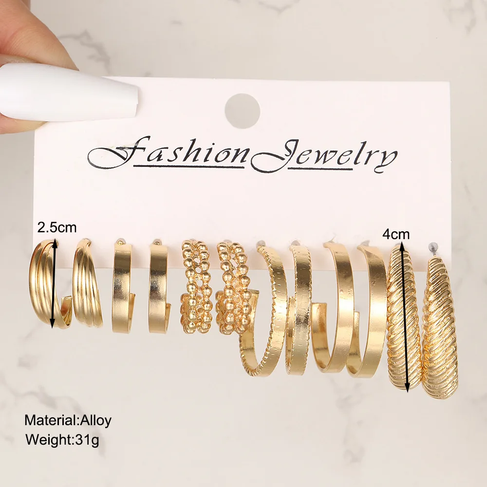 6 Pairs Set Geometric Gold Color Metal Big Hoop Earrings Set for Women Teens Round Circle Carve Pattern Simple Hoop Ear Jewelry