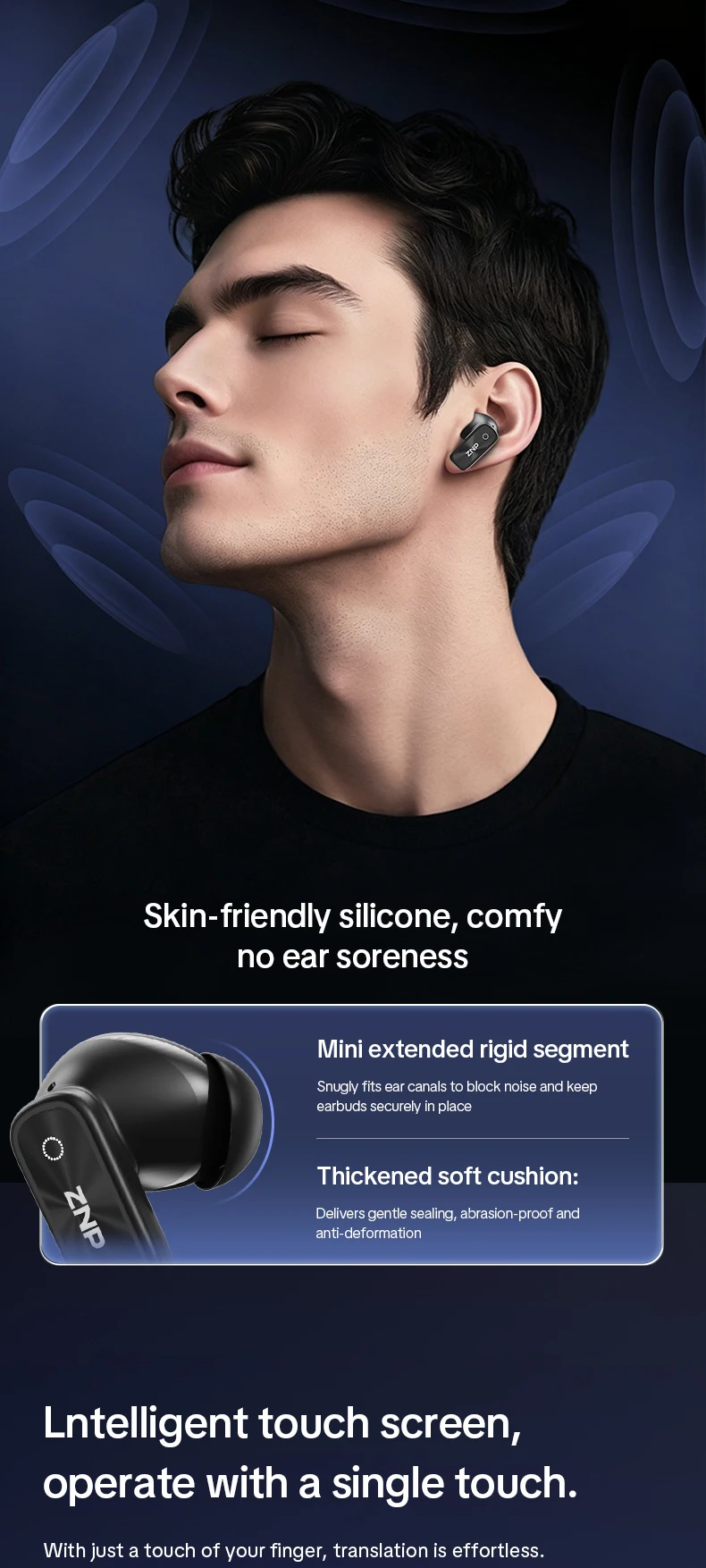 ZNP N07 AI-Übersetzungs-Wireless-Ohrhörer mit Smart-Touch-Screen, LED-Energieanzeige, In-Ear-Kopfhörer, lange Akkulaufzeit, kabellose Kopfhörer – Detail 6