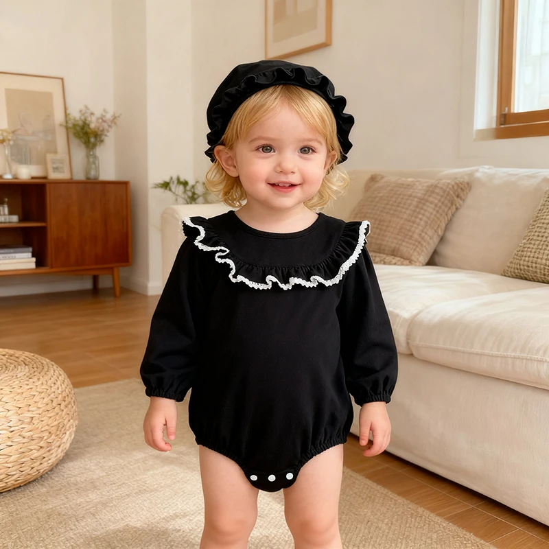 

Autumn Spring Baby Girl Bodysuit+Hat Cotton Long Sleeve Newborn Baby Girl Lotus Leaf Collar Lace Jumpsuit Baby Girl Clothing