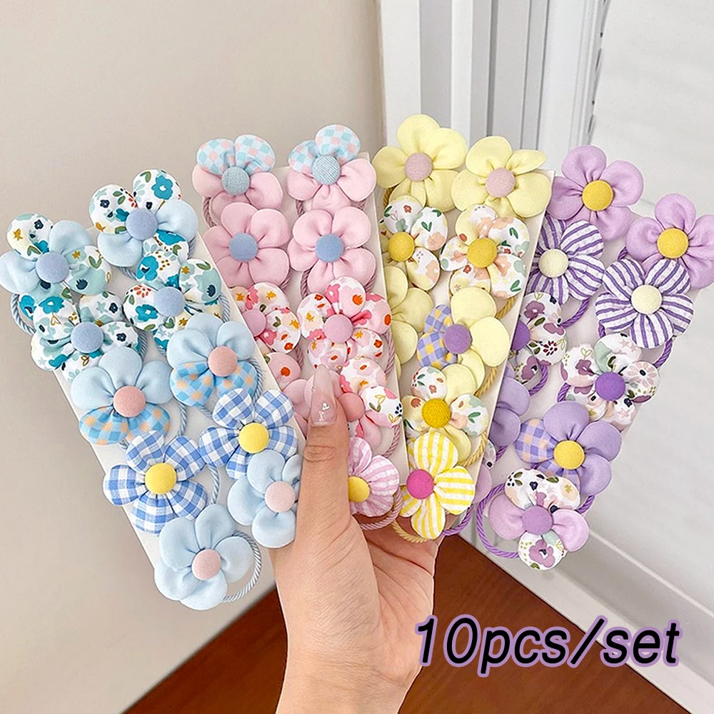 Colorido Flor Cabelo Laços e Elásticos, Titulares Rabo de Cavalo, Elástico, Acessórios do cabelo do bebê, Crianças, Adolescentes, Meninas, 10Pcs Set