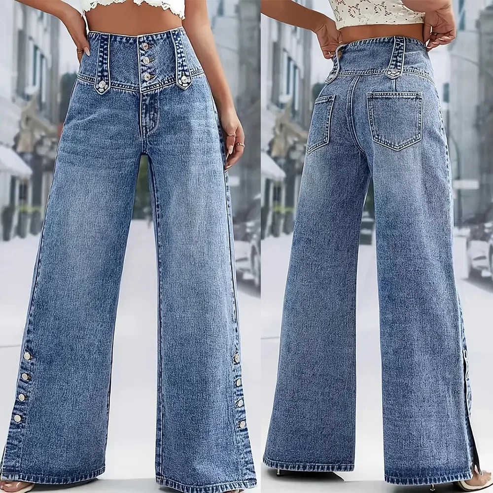 New Womens High Waisted Wide Leg Jeans Button Split Hem Denim Pants Casual Loose Fit Streetwear Jeans