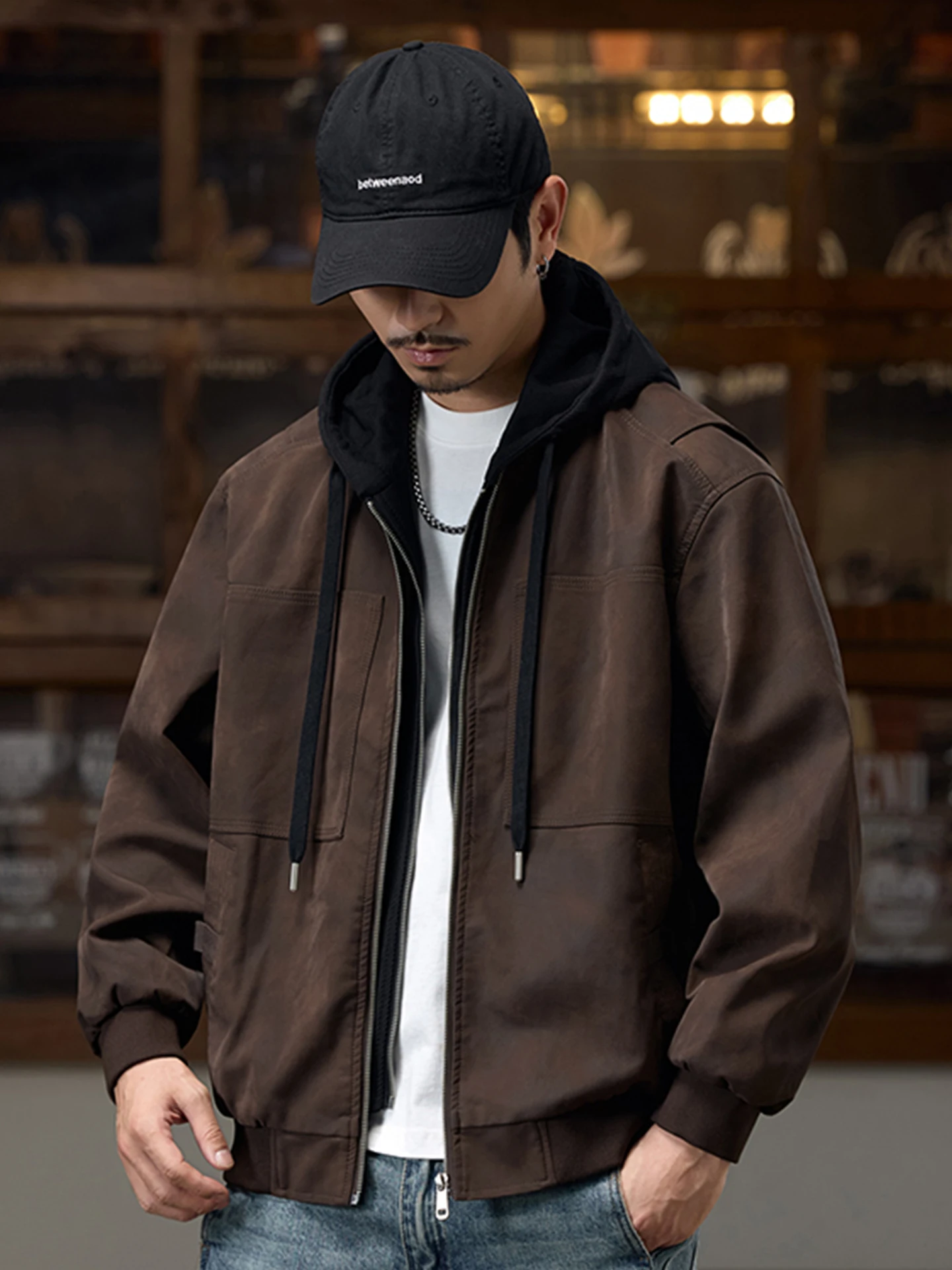 American Retro PU Leather Jaet Men's Hooded Coat Sli Casual High Glossin Autumn Winter New Arrival Fake Two-Piece Ja...