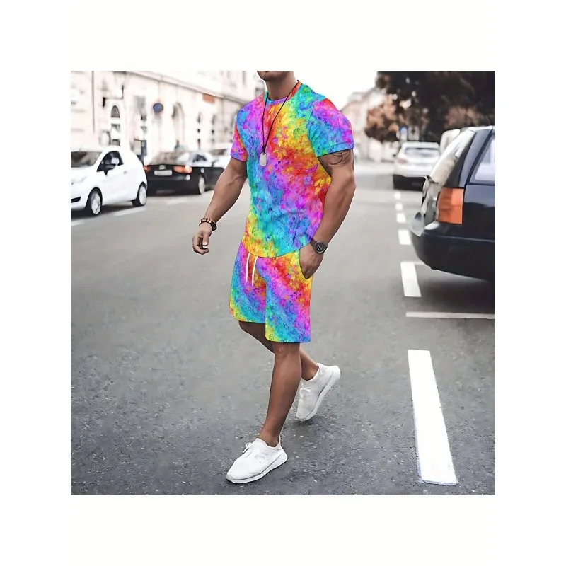 2025 Trendy 3D Printed T-shirt Shorts Casual Daily Sports Polyester Fiber Round Neck Short Sleeved Set Fashionable Men