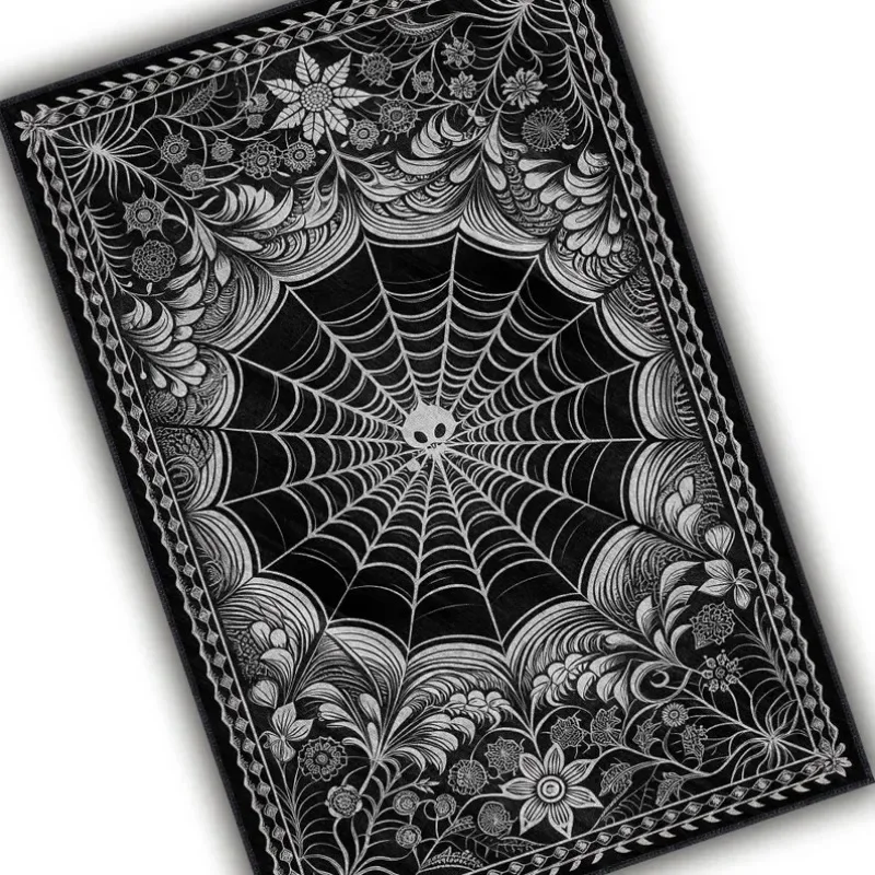Gothic Spider Web Black Area Rug for Dark Academia Decor Goth Living Room Bedroom Floor Carpet Washable Home Decor Mat