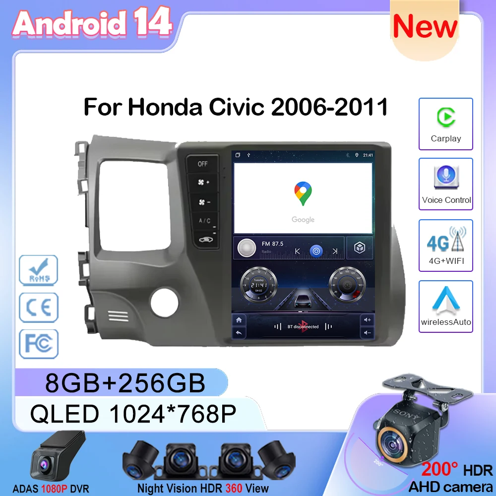 

9.7 Inch Car Android 14 For Honda Civic 2006-2011 Auto Radio Multimedia player GPS Navigation Carplay Android Auto NO 2din DVD