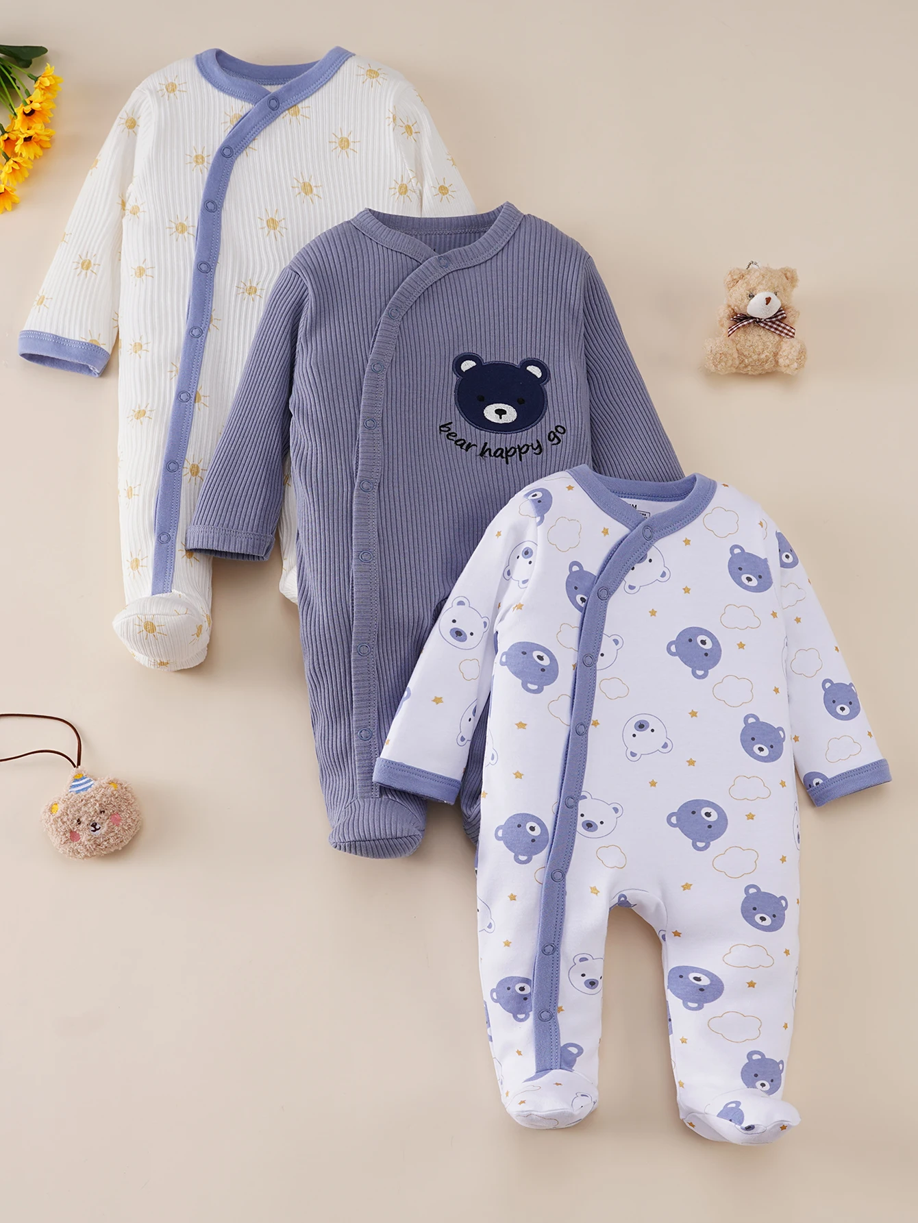 3-Piece Set Baby Boys Pure Cotton Footed Jumpsuit Cute Cartoon Long Sleeved Hoodie Newborn Crawling Suit Children's Clothing