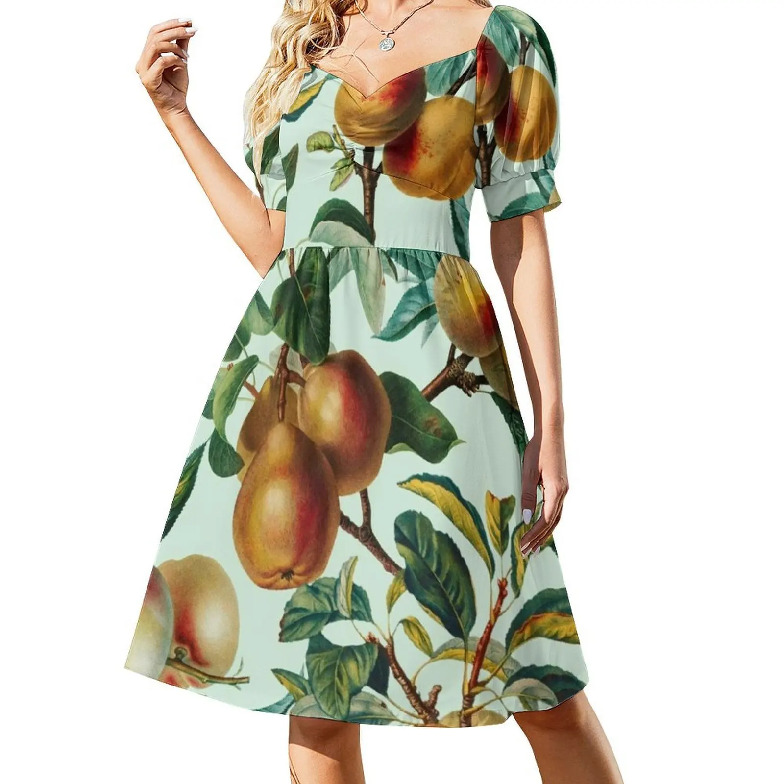 ヴィンテージフルーツパターン Xxvi ヴィンテージボヘミアンドレス パフスリーブまたはノースリーブオプション 女性用ドレス 花柄 ガーデン フォレスト ジャングル
