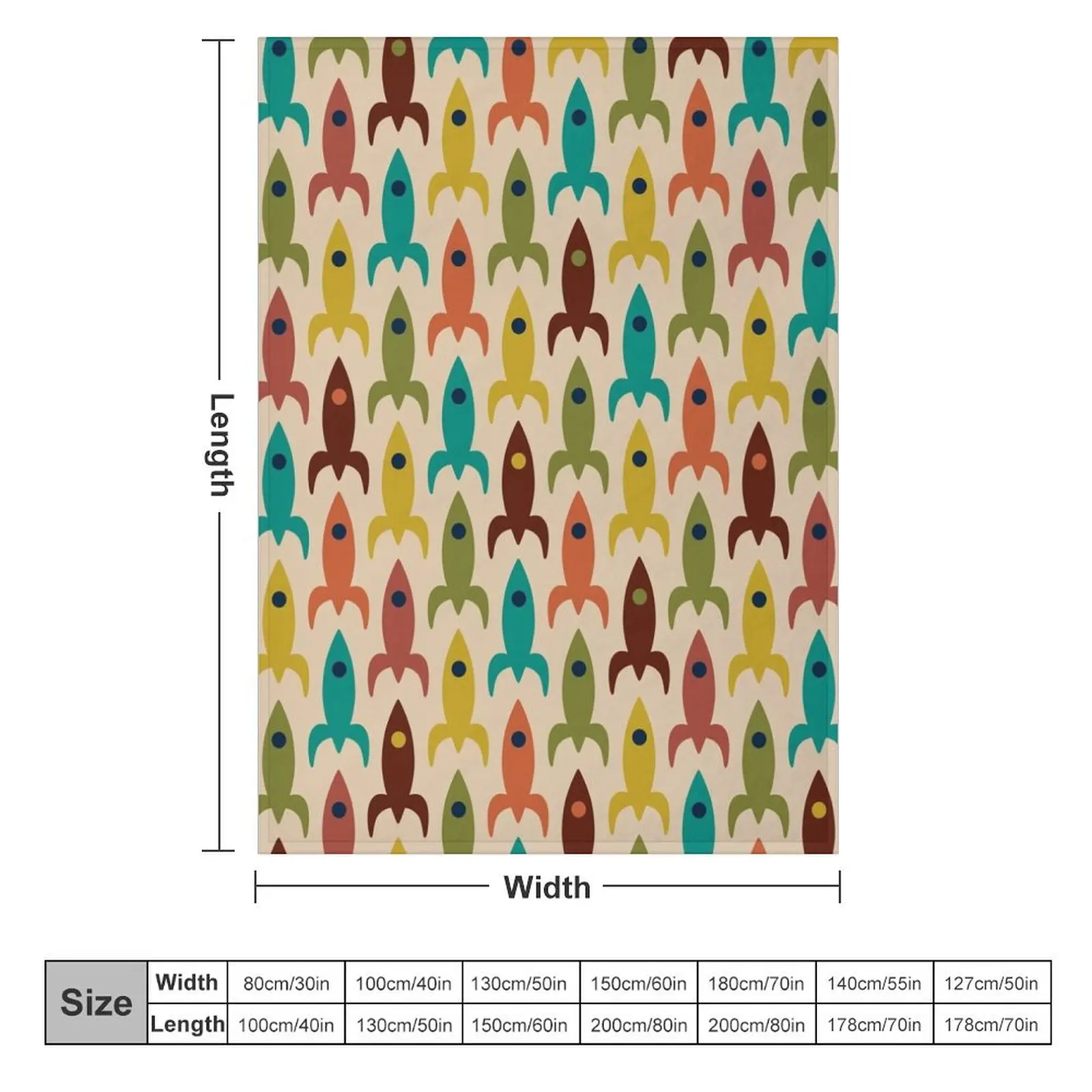 Mid-Century Modern Rocket Ships - Colorful Space Age Atomic Era Aerospace Pattern in Teal, Olive, Mustard, Orange, Throw Blanket