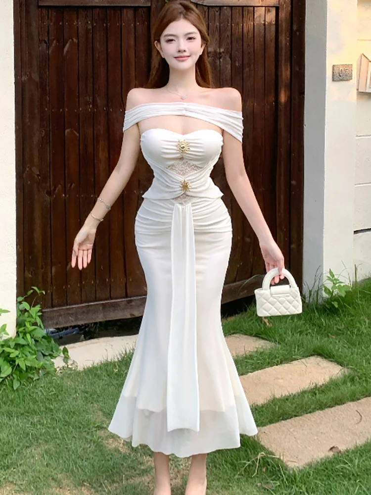 

Women Korean Fashion Elegant Luxury Long Dress Summer White Mesh Patchwork Lace Diamonds Robe 2025 New Chest Wrapping Sexy Dress