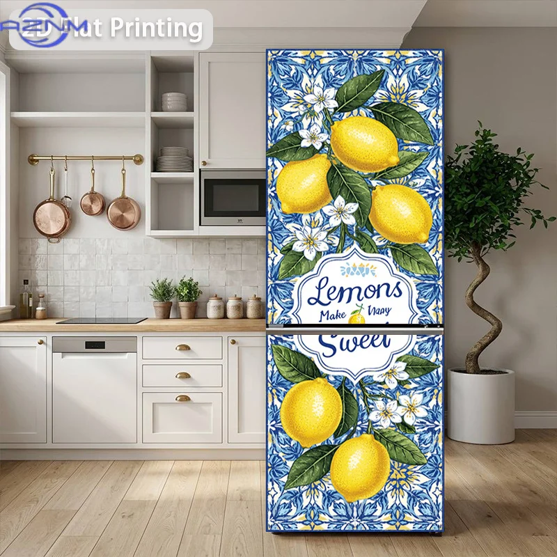 Printing Refrigerator Sticker Lemon Blossom Painting Themed Design, Self-Adhesive Wall Decal Wallpaper, Suitable for Cabinets