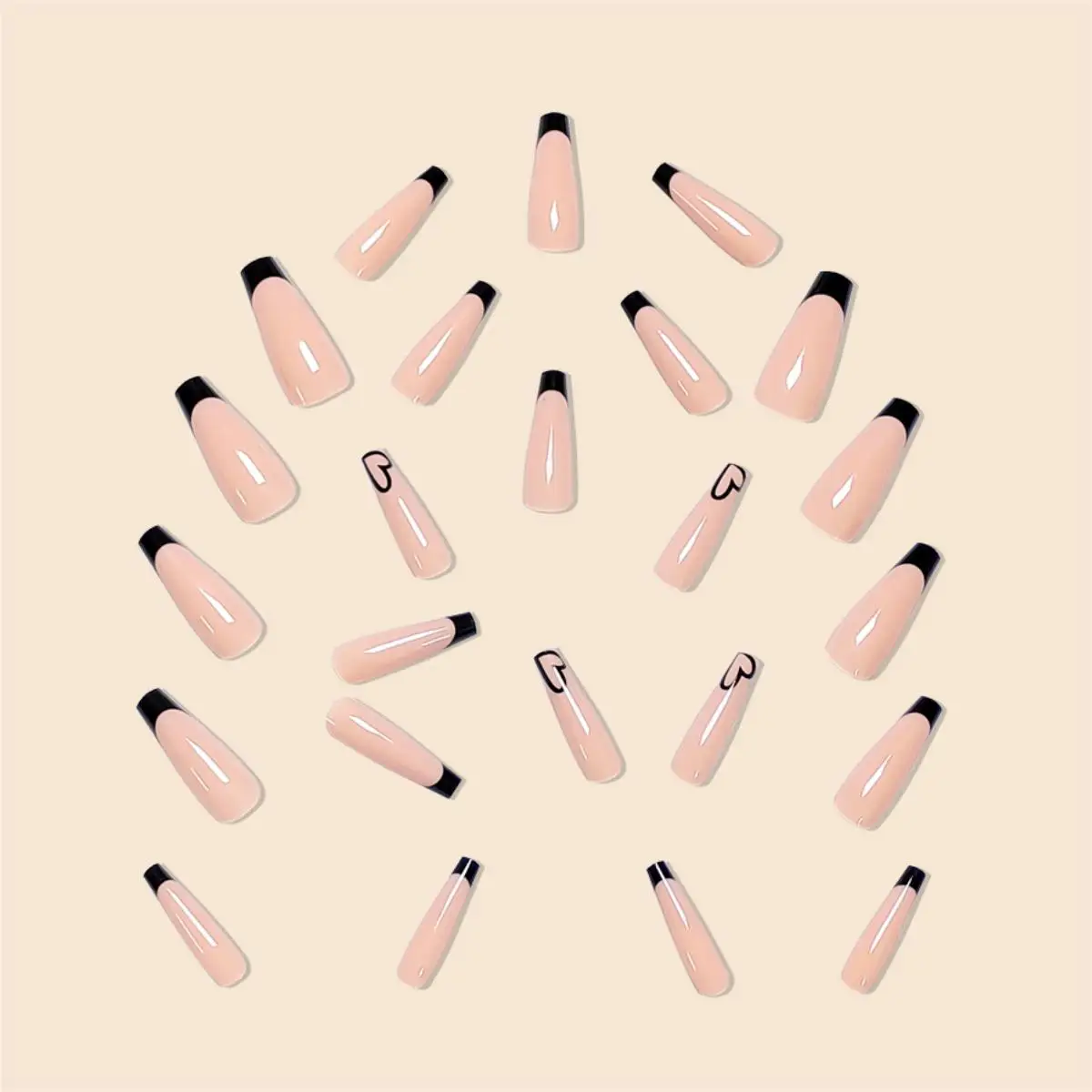 Fashion New Women Girls 24Pcs/Set Long Ballet French Black Border Heart Print Full Coverage Wearable Fake Nail Press on Nail Art