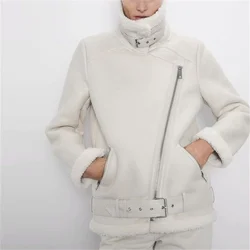 Women's Thickened Warm Lamb Rider Jacket Casual Vintage Loose Coat Long Sleeve Belt Hem Zip Retro Short Jackets Female Outerwear