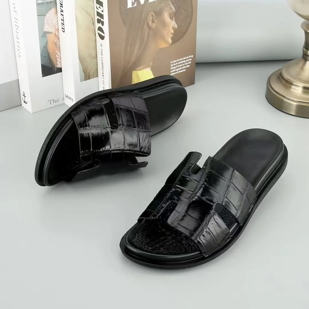 2026 Genuine real crocodile skin leather men summer shoe new fashion design home bedroom/ outdoor walking street slippers