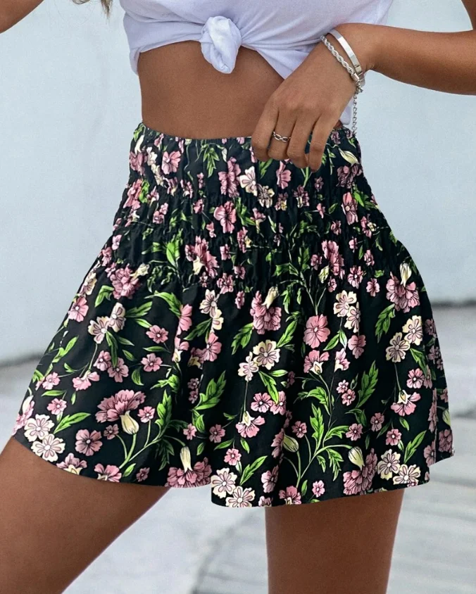 

Elegant 2-Piece Sets for Women Floral Print High Strechy Waist Shirred + Casual Flowy Vacation Shorts