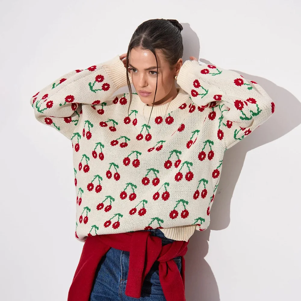 

Cherry Jacquard Sweater Pullovers Women Oversized Jumper Y2k Knitwear O-Neck Long Sleeve Knitted Tops Harajuku Korean Fashion