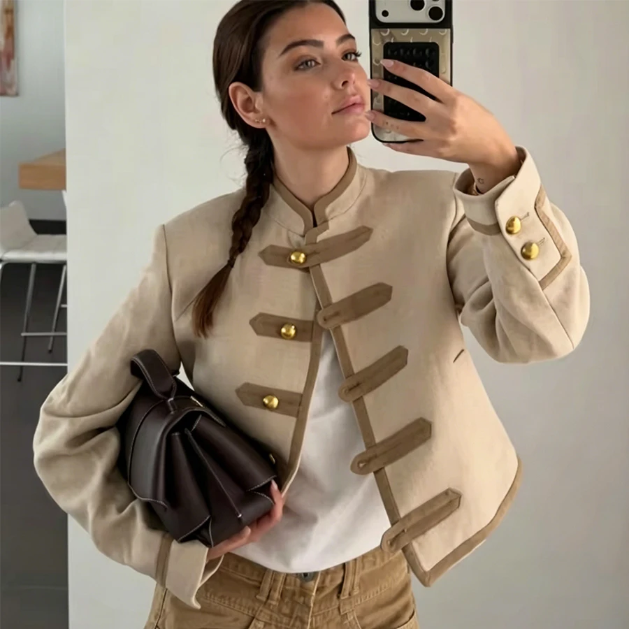 

Women Casual Chic Khaki Pockets Jackets Women Long Sleeve O Neck Short Coats Fashion Female Spring Summer Y2K Outwears
