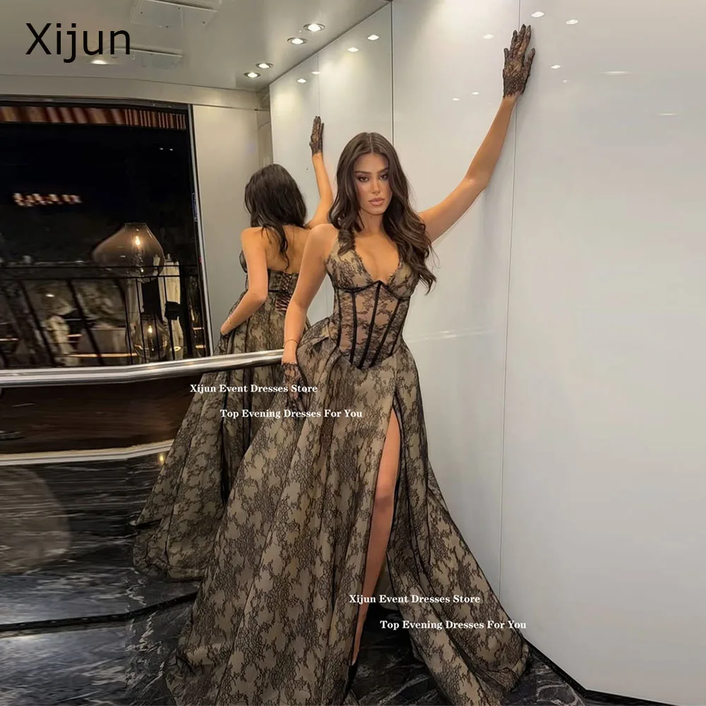 Xijun Sexy Lace Long Evening Dresses Halter Sleeveless V-Neck Formal Prom Dresses A-Line High Split Prom Gowns Women Customized