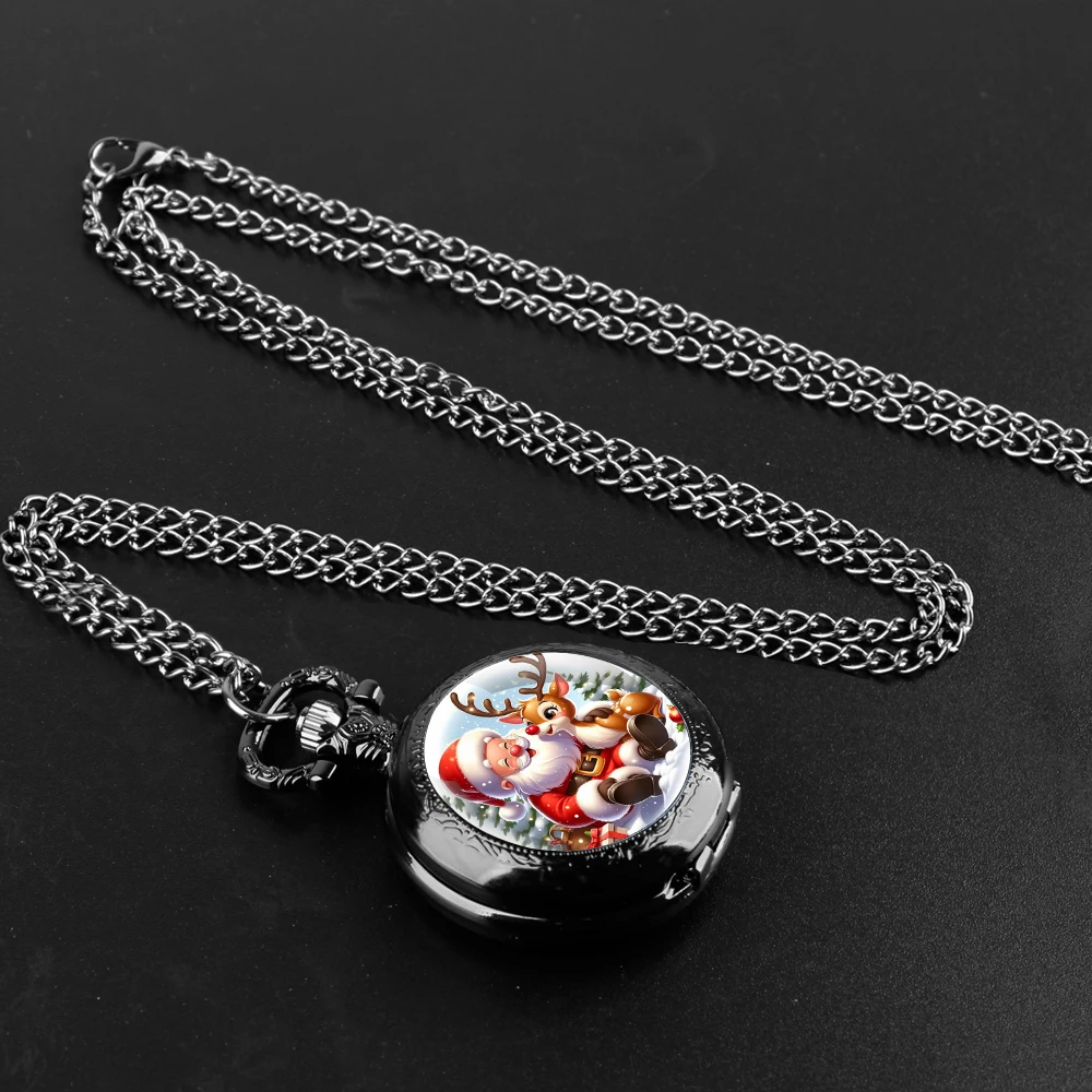 Christmas Santa and Moose Glass Dome Quartz Pocket Watch With Durable Chain Arabic Numeral Dial Extraordinary Gifts for Men Kids