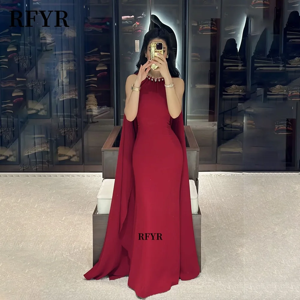 

RFYR Formal Prom Dresses O Neck Crepe Evening Dresses Long Shawl Mermaid Party Dresses for Women Customized vestidos fiesta